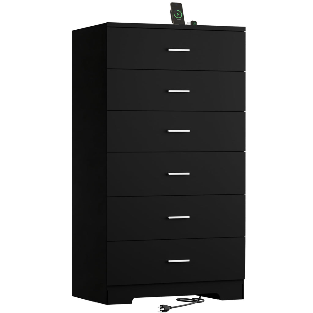 Black 6 Drawer Wood Dresser with Power Outlets O849