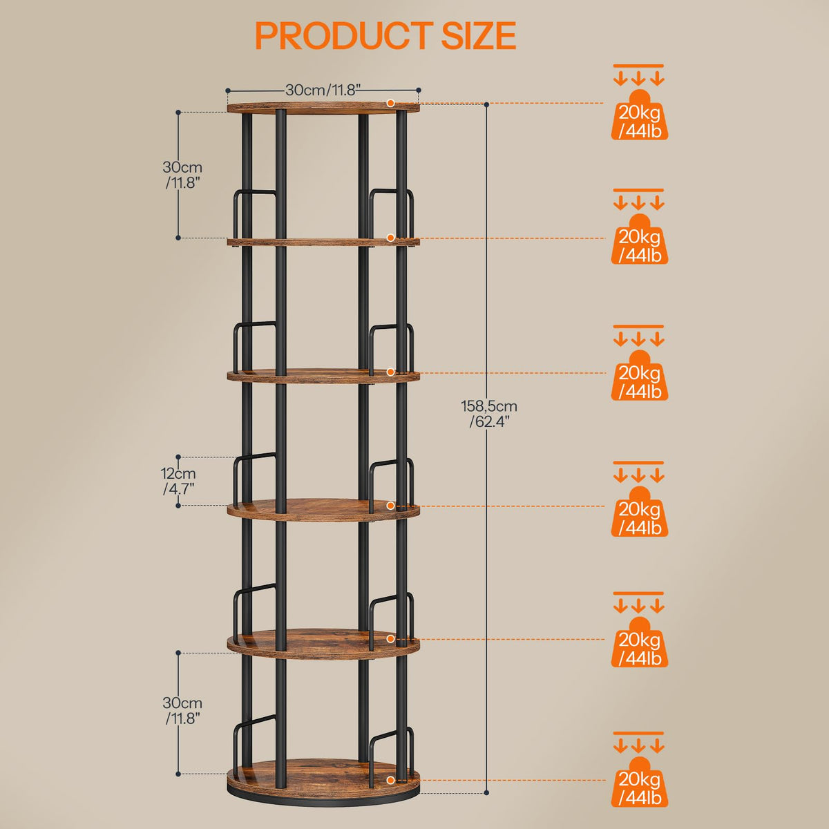 5-Tier Rotating Bookshelf, 360° Spinning Bookcase, Rustic Brown G451437