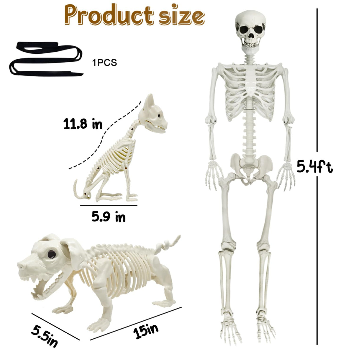 5.4Ft Posable Halloween Skeleton with Dog Cat Skeleton W457