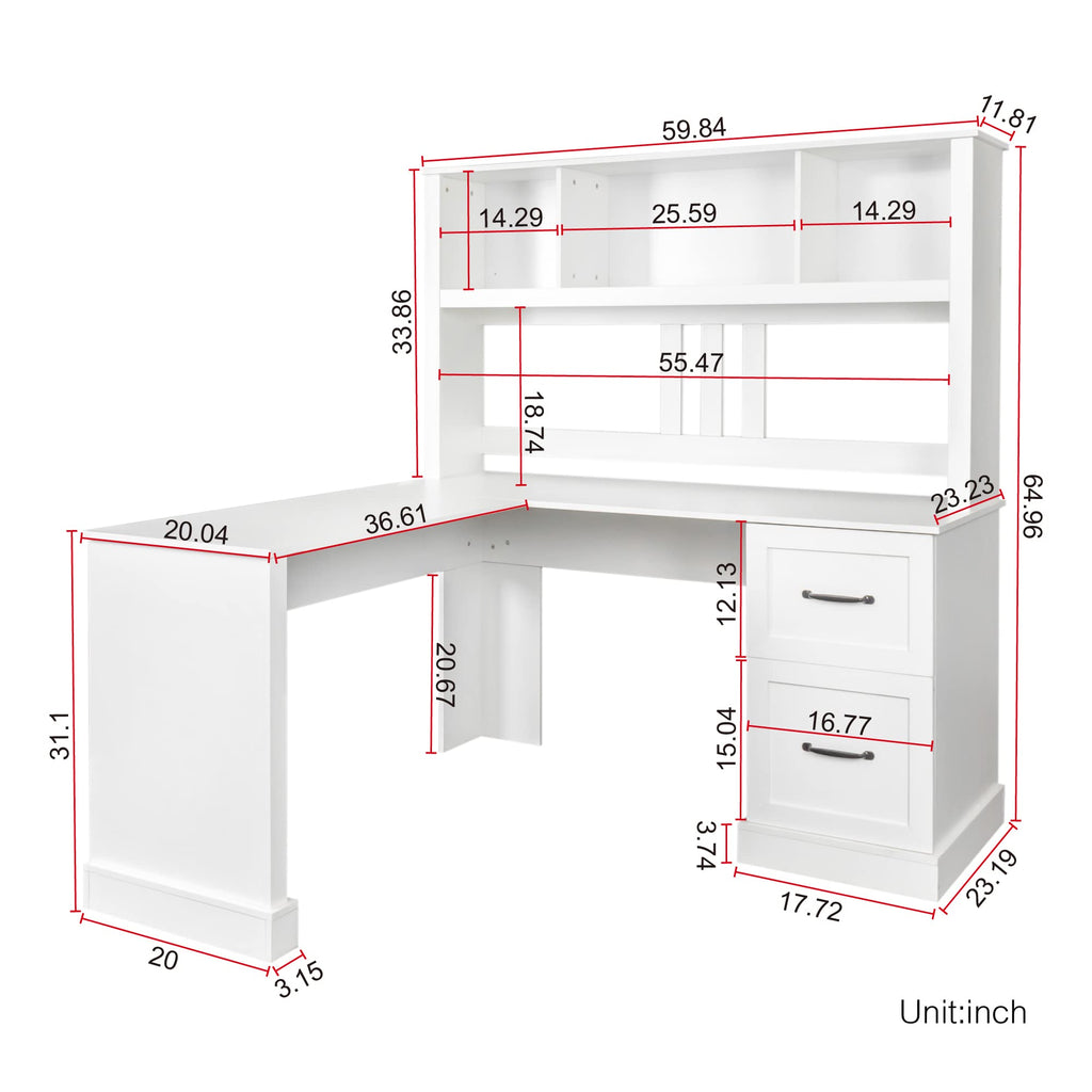 L Shaped Desk with Hutch, Drawer & Shelves, White Z41957