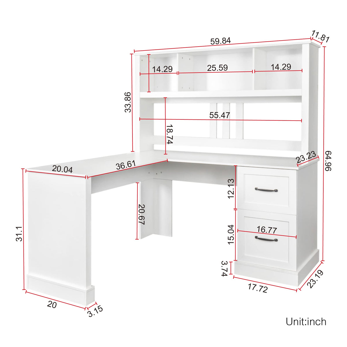 L Shaped Desk with Hutch, Drawer & Shelves, White Z41957