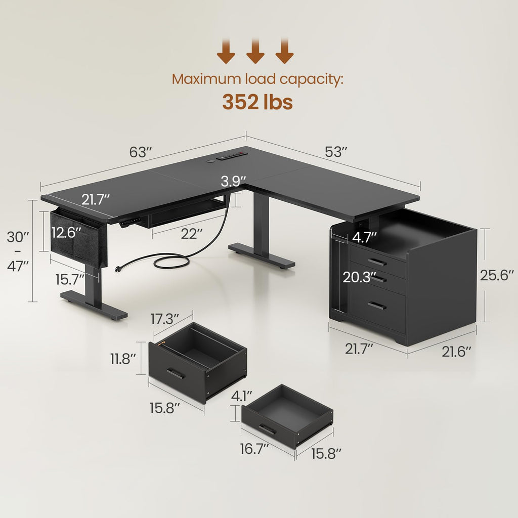 L Shaped Standing Desk with File Cabinet E1825
