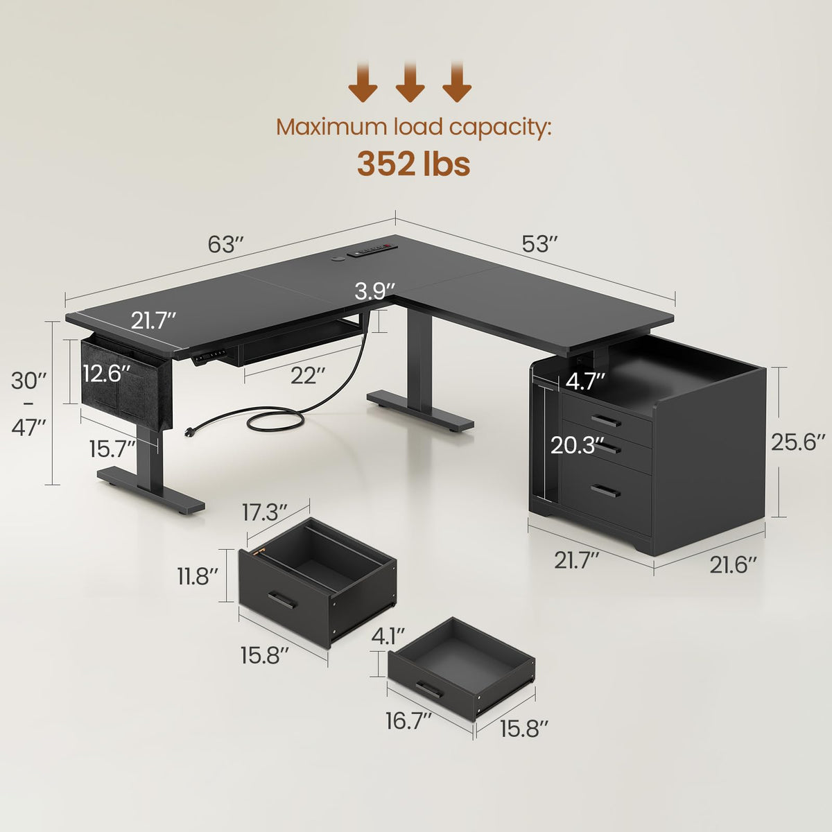 L Shaped Standing Desk with File Cabinet E1825