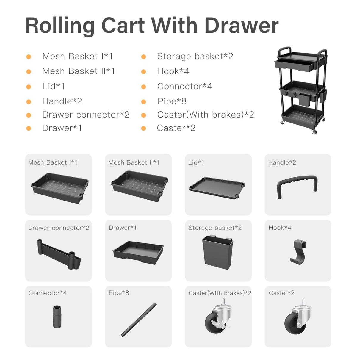 3 Tier Rolling Utility Cart with Drawer U93279