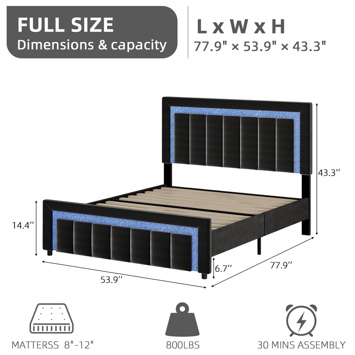 Full Size Velvet Upholstered Bed Frame with LED Lights J936
