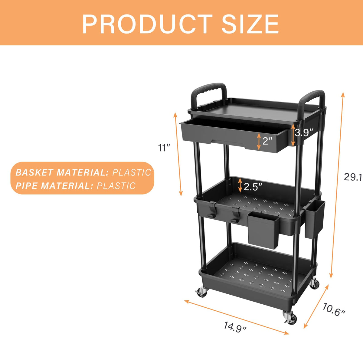 3 Tier Rolling Utility Cart with Drawer U93279