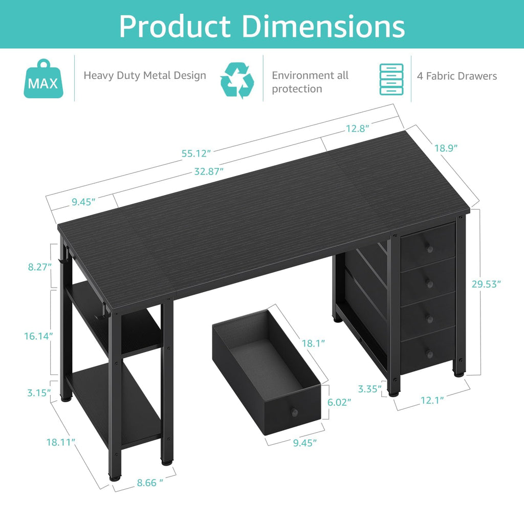 Black 55 inch Gaming Desk with 4 Drawers and Shelves A594221