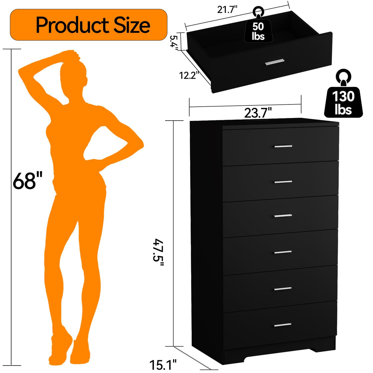 Black 6 Drawer Wood Dresser with Power Outlets O849