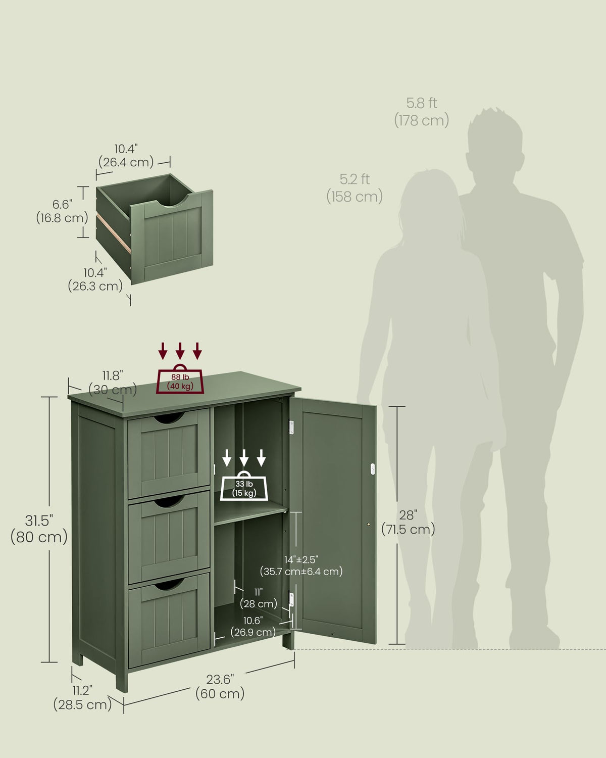 Forest Green 3 Drawer Bathroom Floor Storage Cabinet W9221