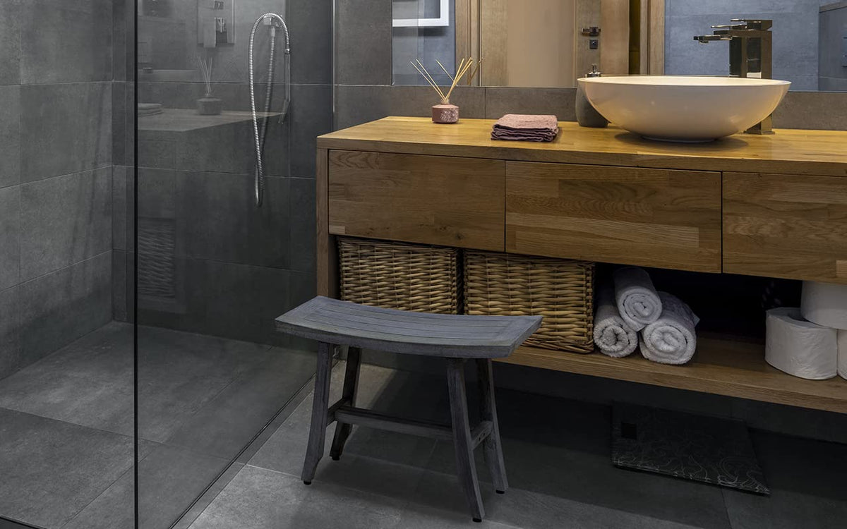 24" Gray Teak Shower Bench with Curved Seat X610037