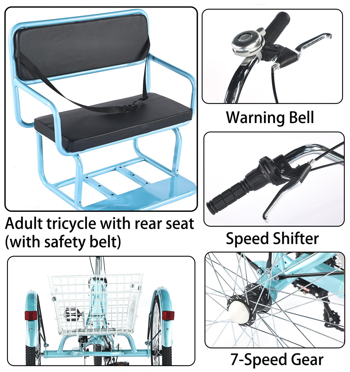 7 Speed Adult Tricycle with Child Seat and Rear Baskets U6788