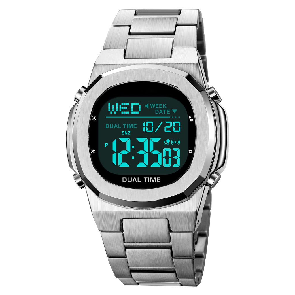 Men's Multifunctional Electronic Outdoor Sports Watch EL Light Large Digital Display Stainless Steel N2383