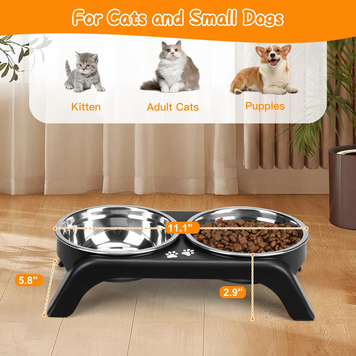 Elevated Dog Bowls with 5” Stainless Steel Bowls Black S550067