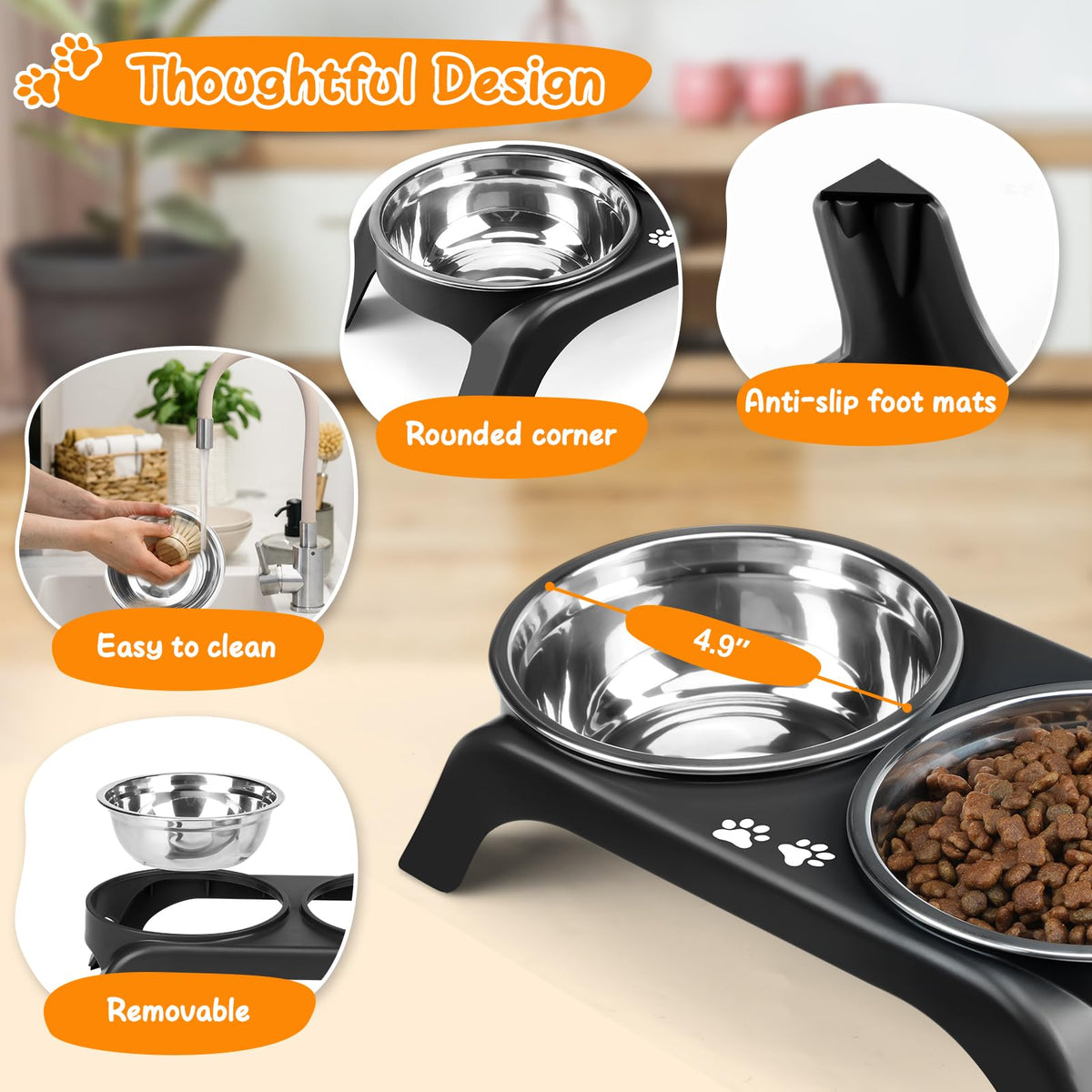 Elevated Dog Bowls with 5” Stainless Steel Bowls Black S550067