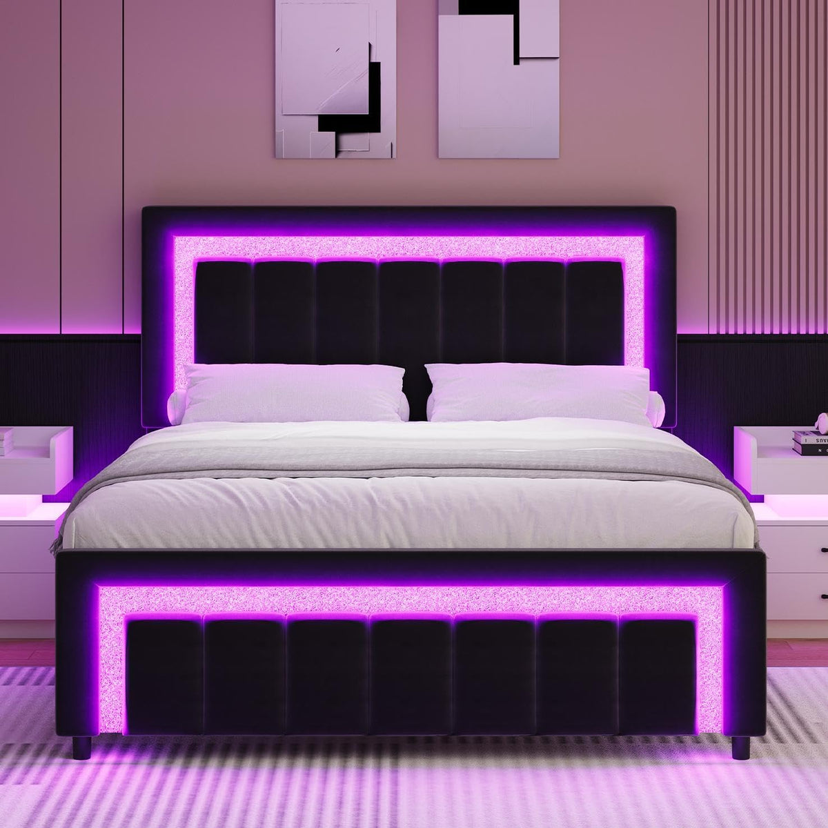 Full Size Velvet Upholstered Bed Frame with LED Lights J936