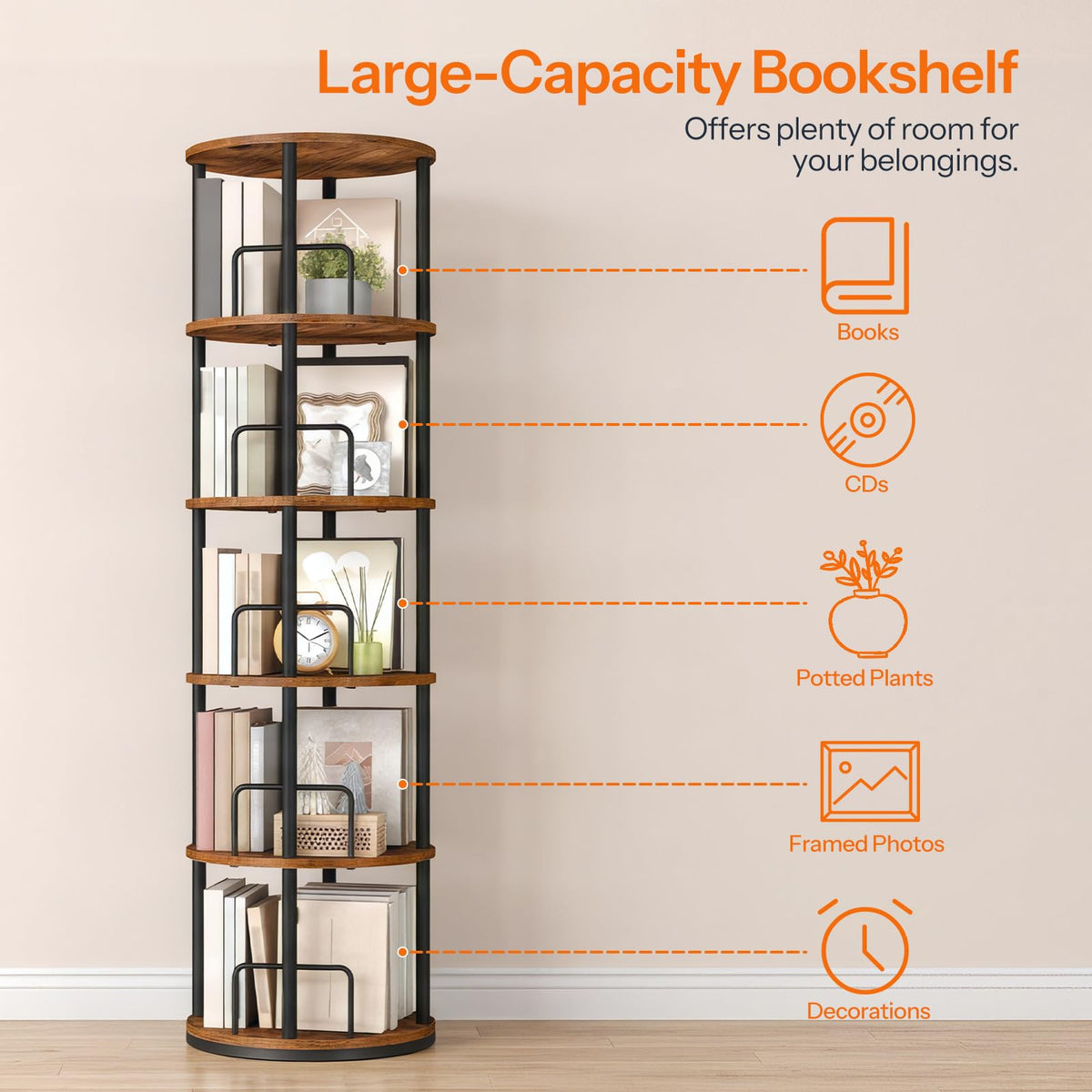 5-Tier Rotating Bookshelf, 360° Spinning Bookcase, Rustic Brown G451437