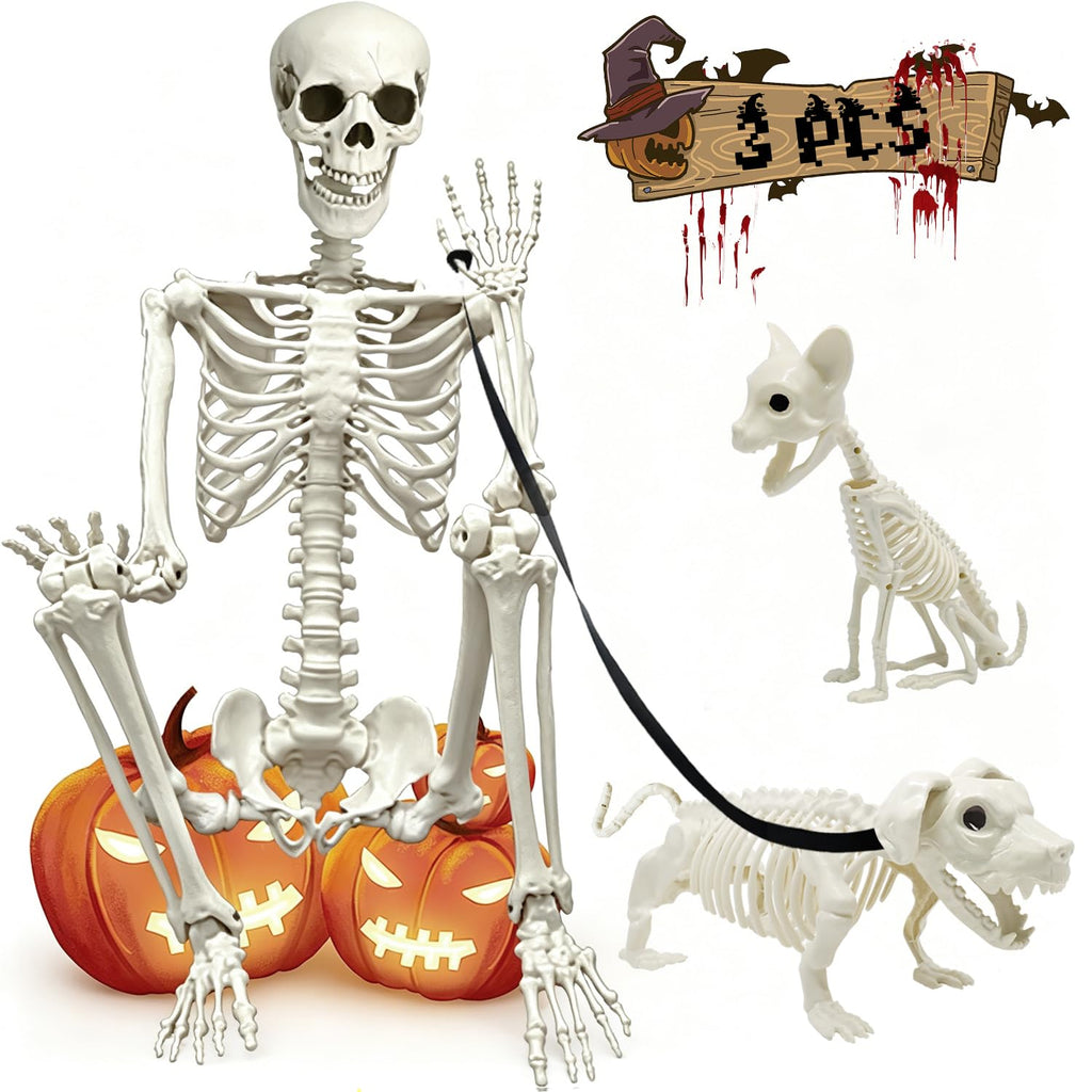 5.4Ft Posable Halloween Skeleton with Dog Cat Skeleton W457