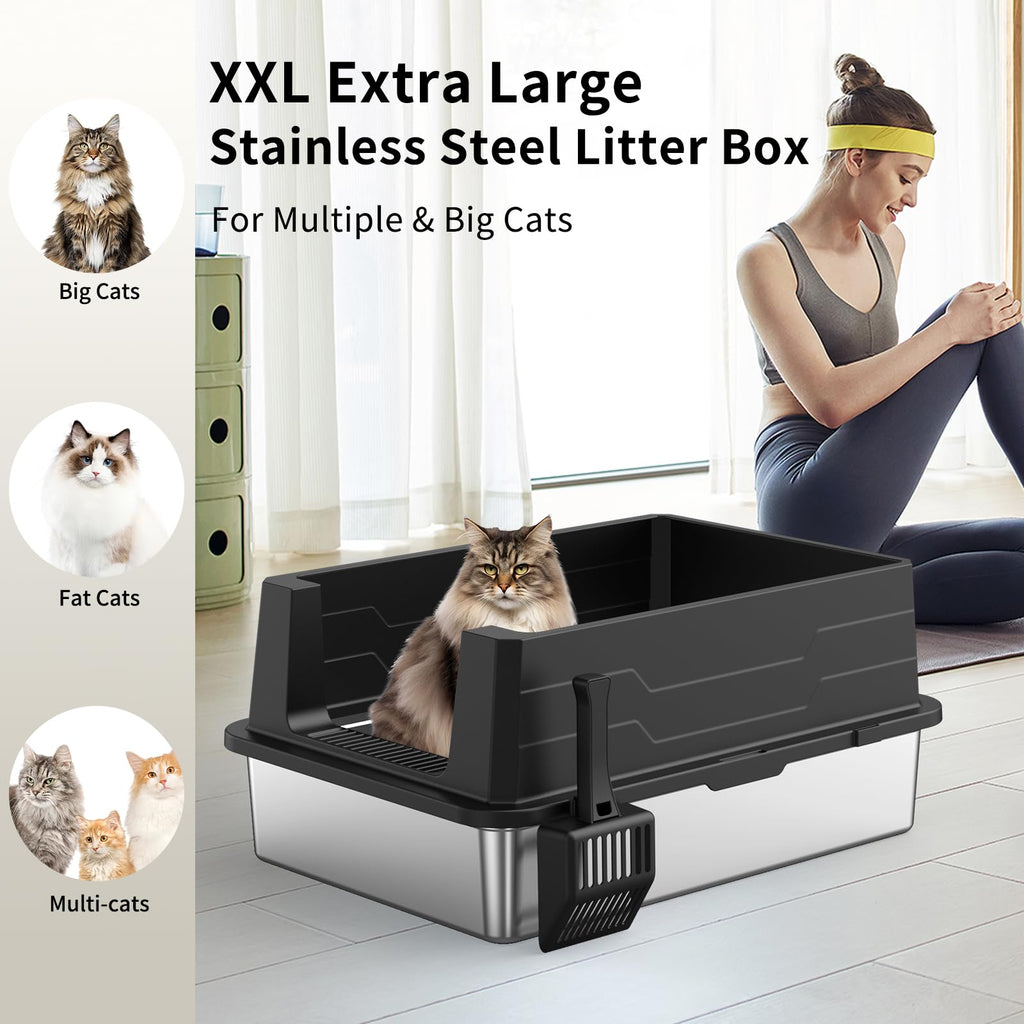 XXXL Stainless Steel Cat Litter Box with High Sides and Scoop J4639