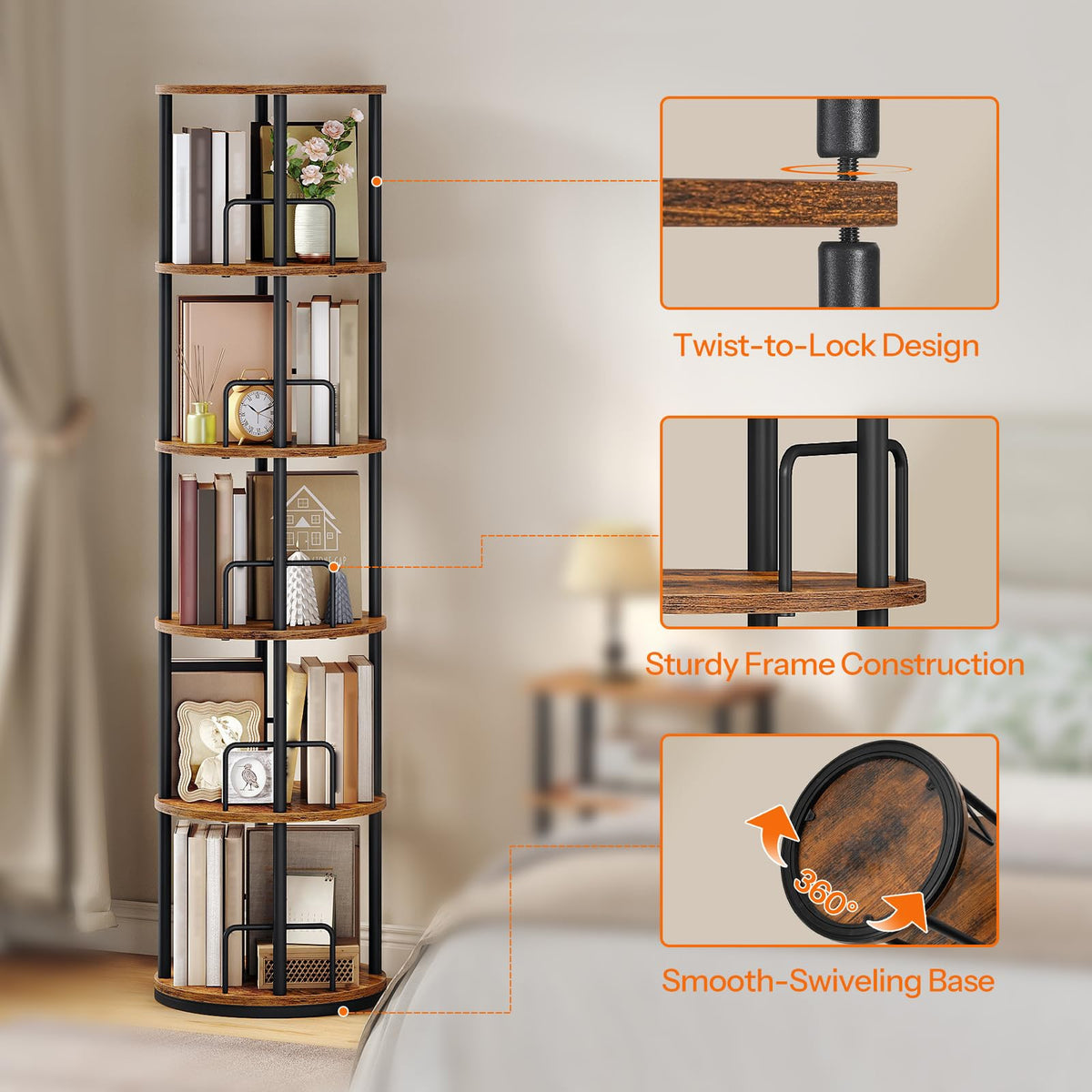 5-Tier Rotating Bookshelf, 360° Spinning Bookcase, Rustic Brown G451437