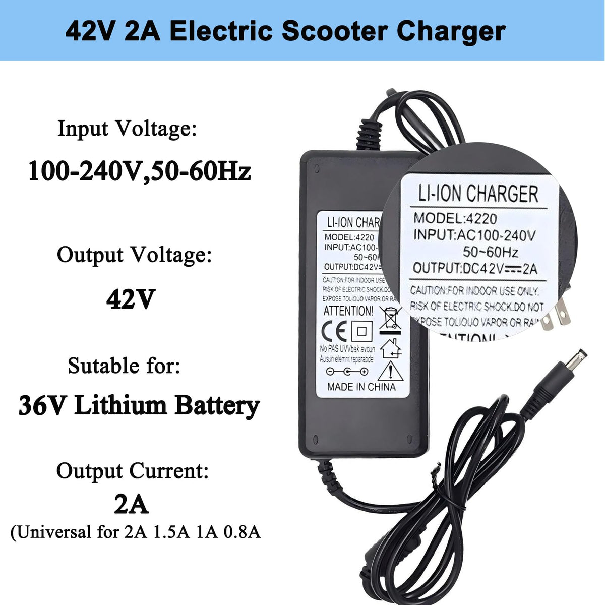 42V 2A Electric Scooter Charger with 4 Plugs S2236
