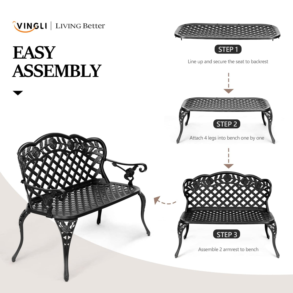 42.5" Black Cast Aluminum Outdoor Bench T1217