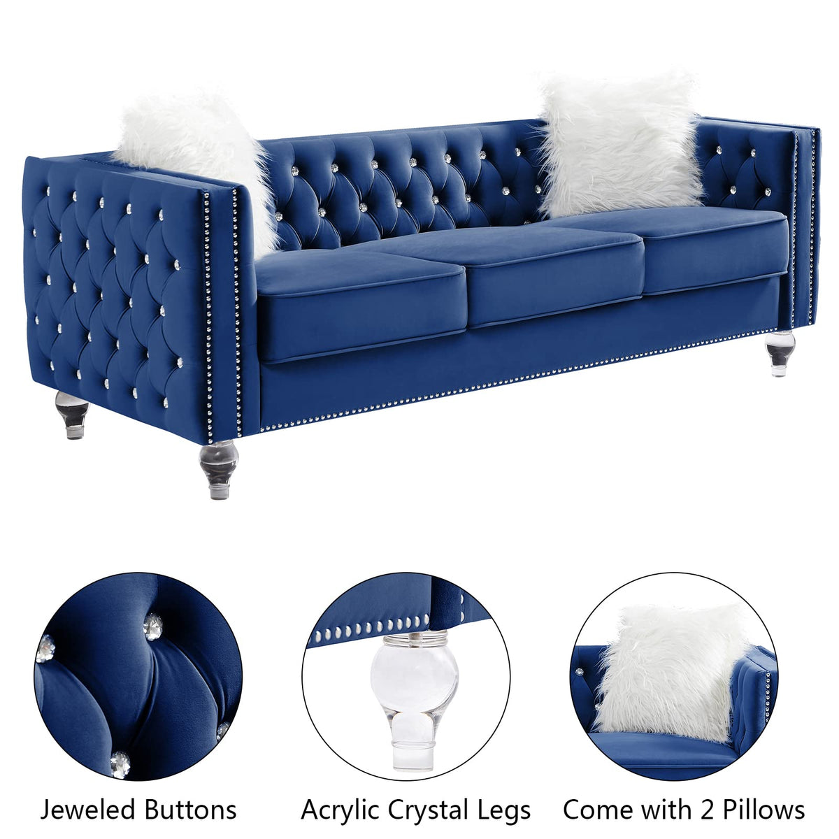Velvet 3 Seater Sofa Couch with Nailhead and Acrylic Legs B993971