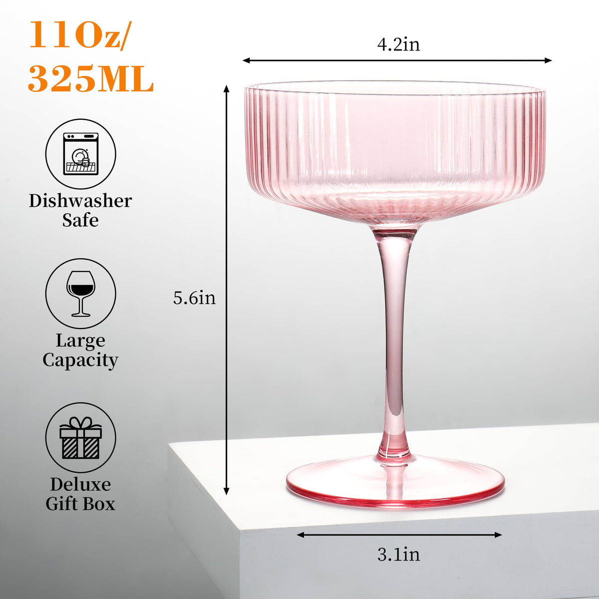 10 oz Pink Ribbed Coupe Glasses Set T322747