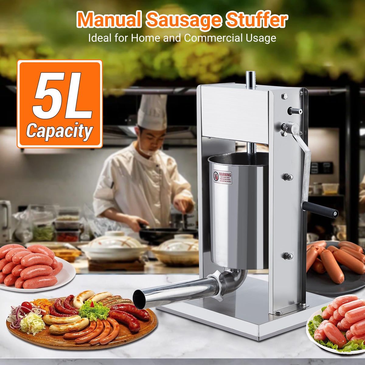 Manual 5L Stainless Steel Sausage Stuffer with 4 Stuffing Tubes N1854