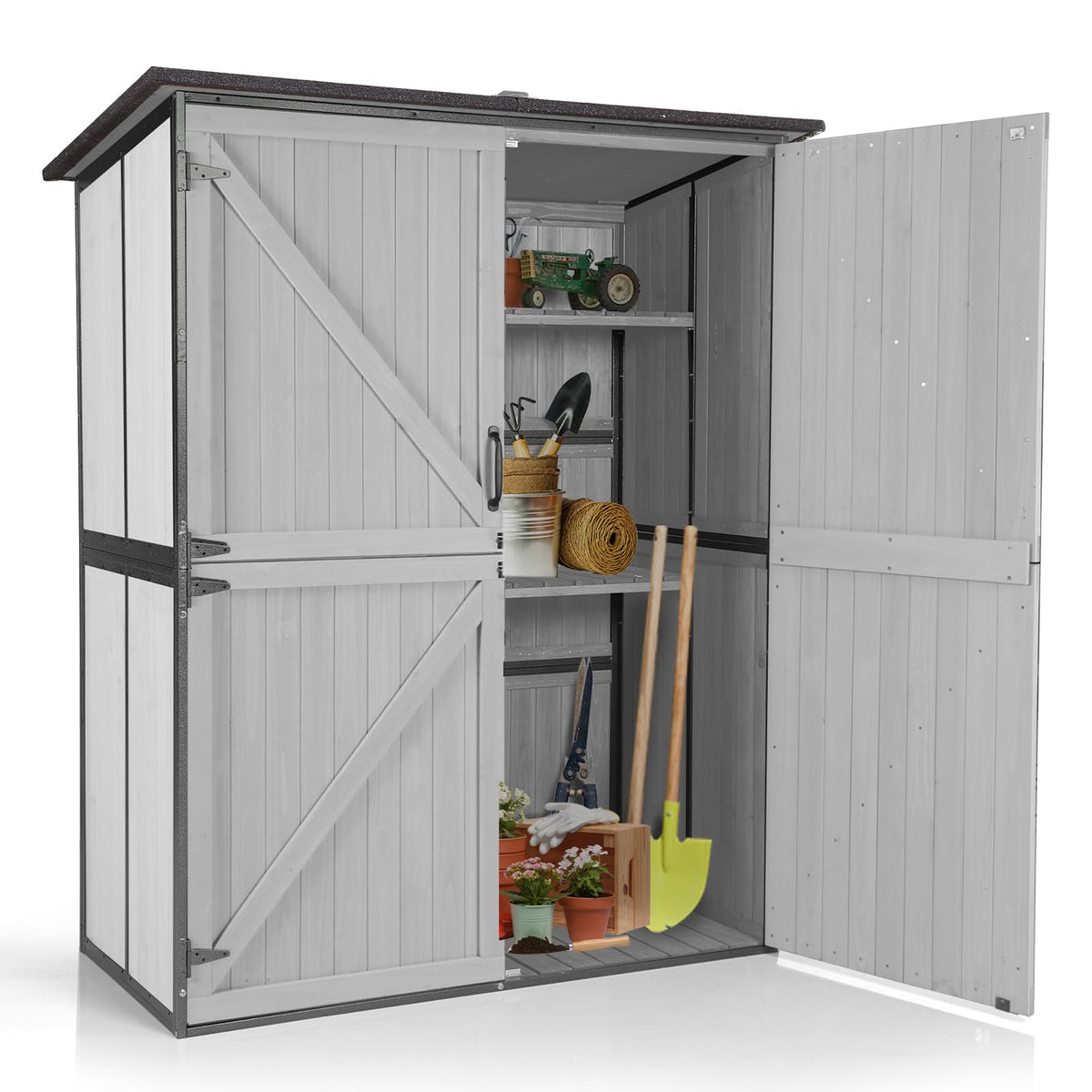 Off-White Storage Shed with Metal Frame, Wooden Floor and Adjustable Shelves O983