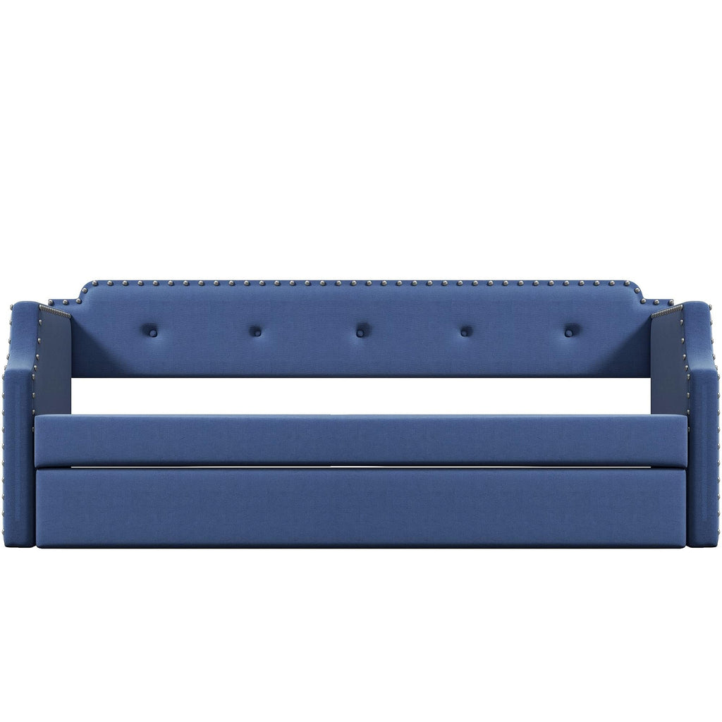 Blue Linen Fabric Upholstered Twin Daybed with Trundle M3889