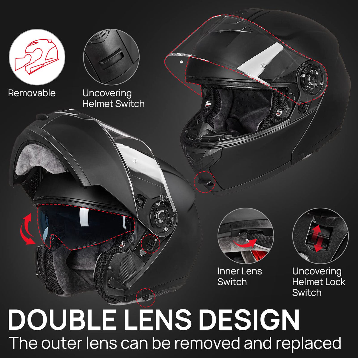 Matte Black Large Modular Full Face Motorcycle Helmet S2554