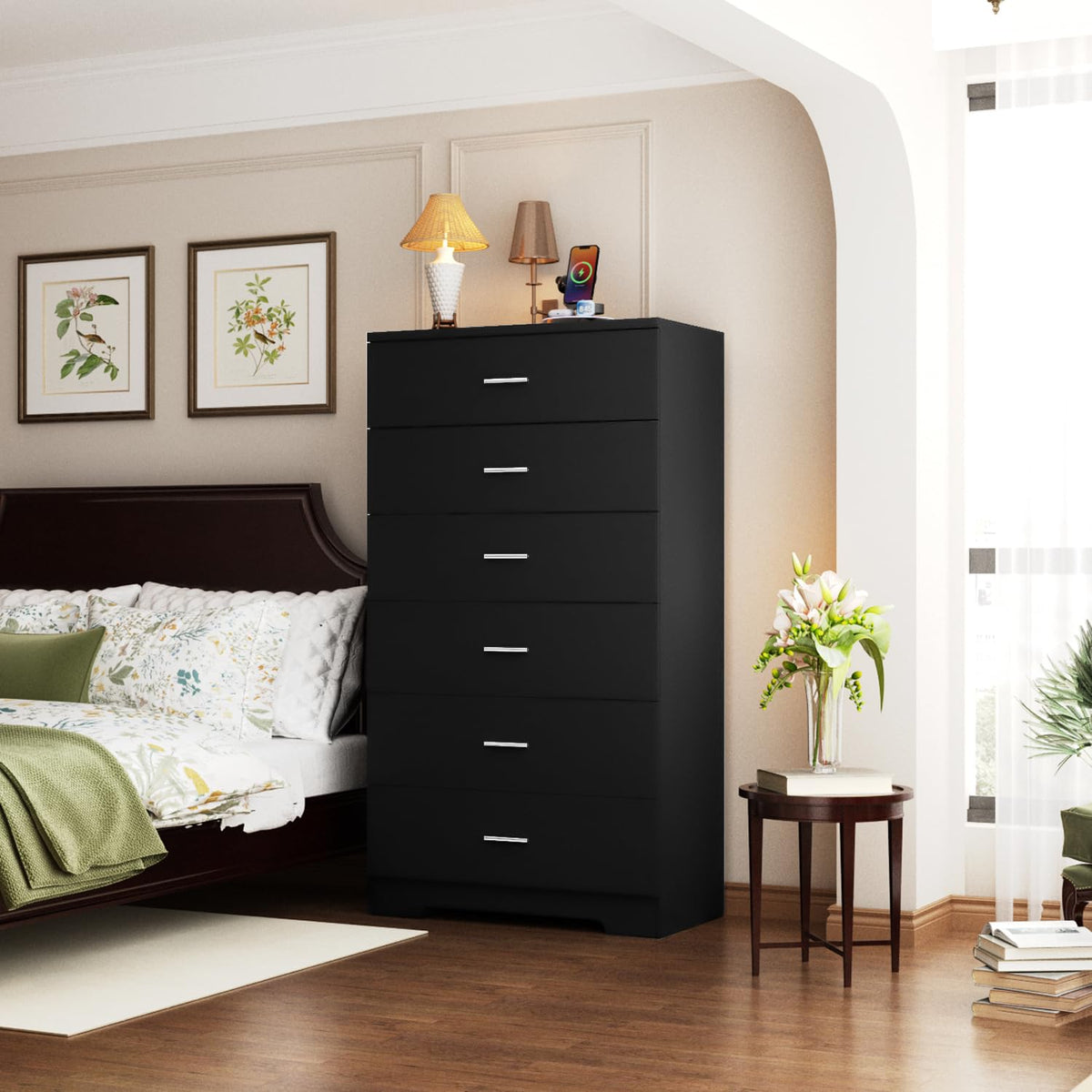 Black 6 Drawer Wood Dresser with Power Outlets O849