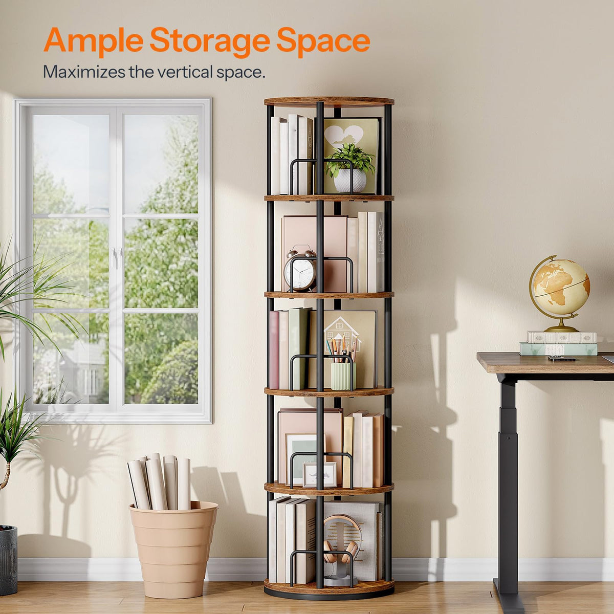 5-Tier Rotating Bookshelf, 360° Spinning Bookcase, Rustic Brown G451437