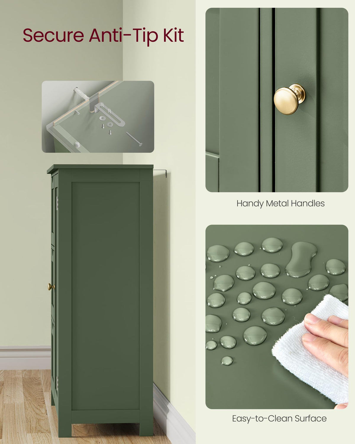 Forest Green 3 Drawer Bathroom Floor Storage Cabinet W9221