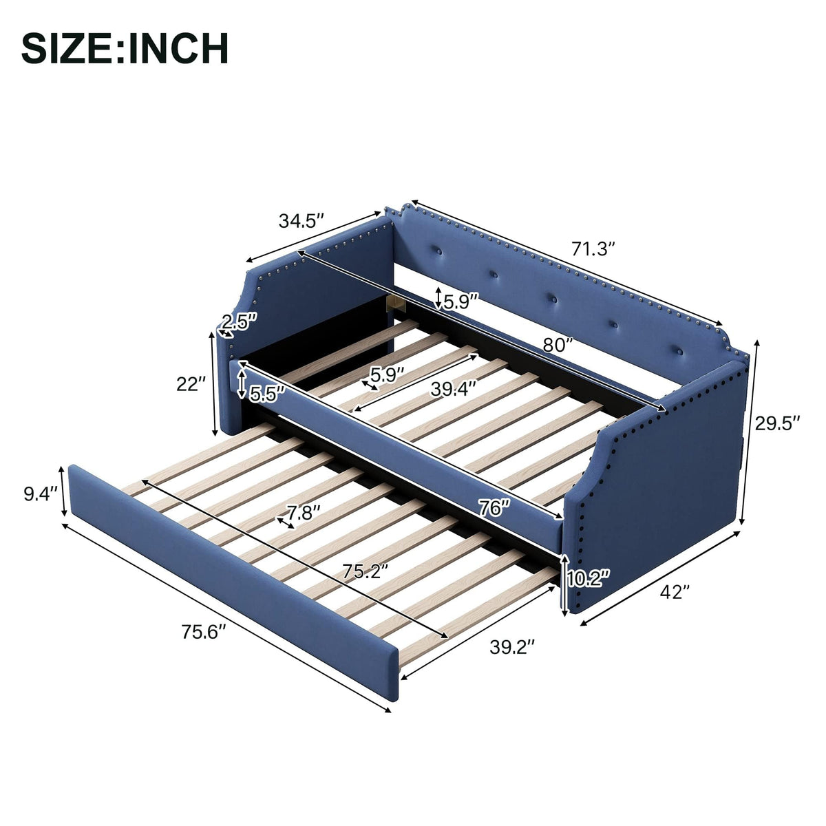 Blue Linen Fabric Upholstered Twin Daybed with Trundle M3889