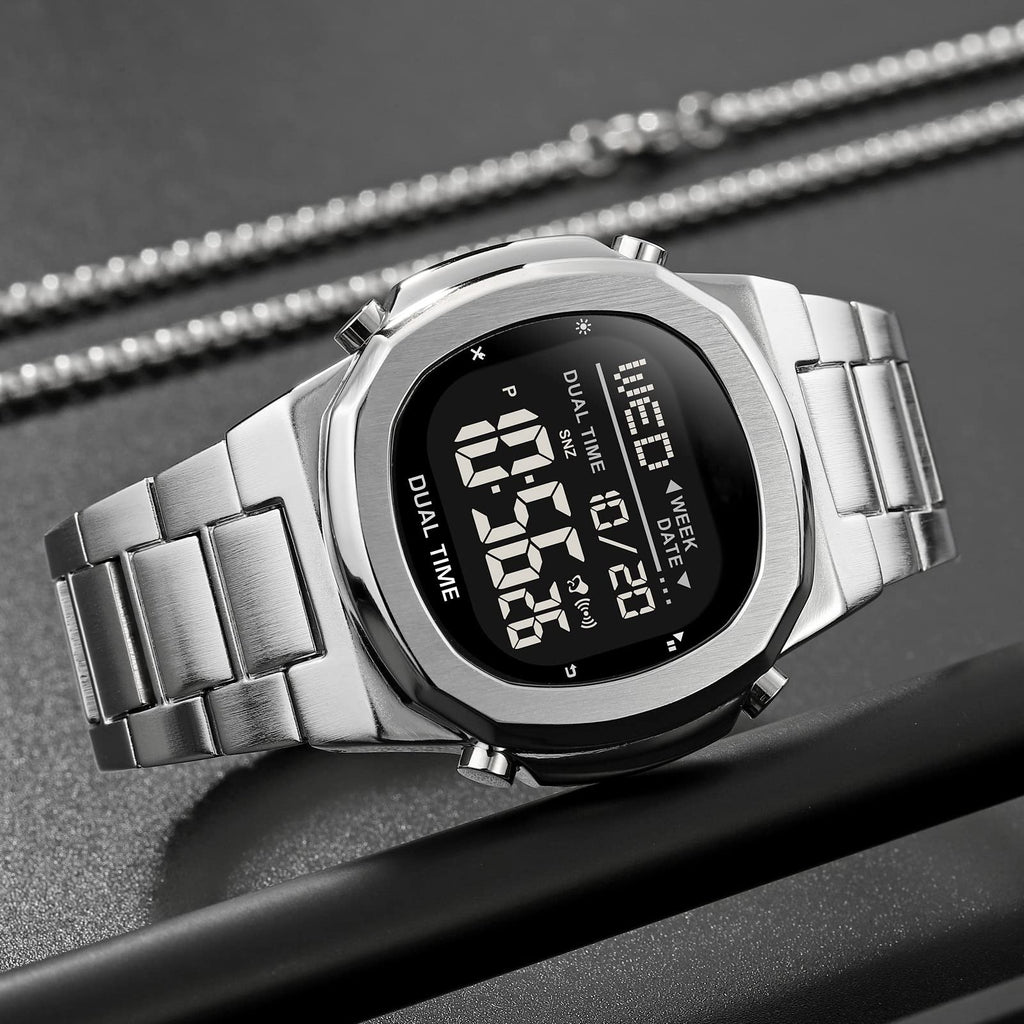 Men's Multifunctional Electronic Outdoor Sports Watch EL Light Large Digital Display Stainless Steel N2383