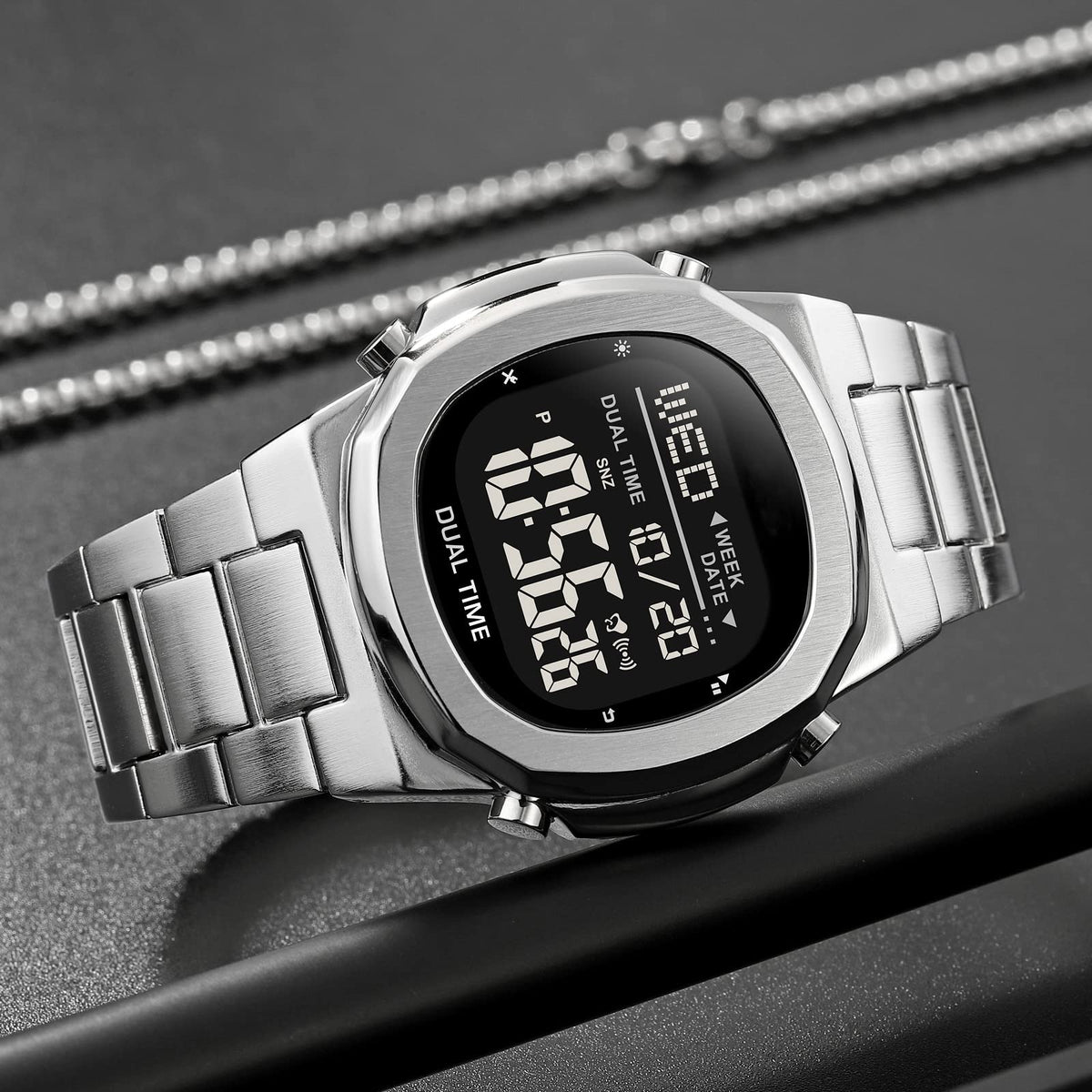 Men's Multifunctional Electronic Outdoor Sports Watch EL Light Large Digital Display Stainless Steel N2383