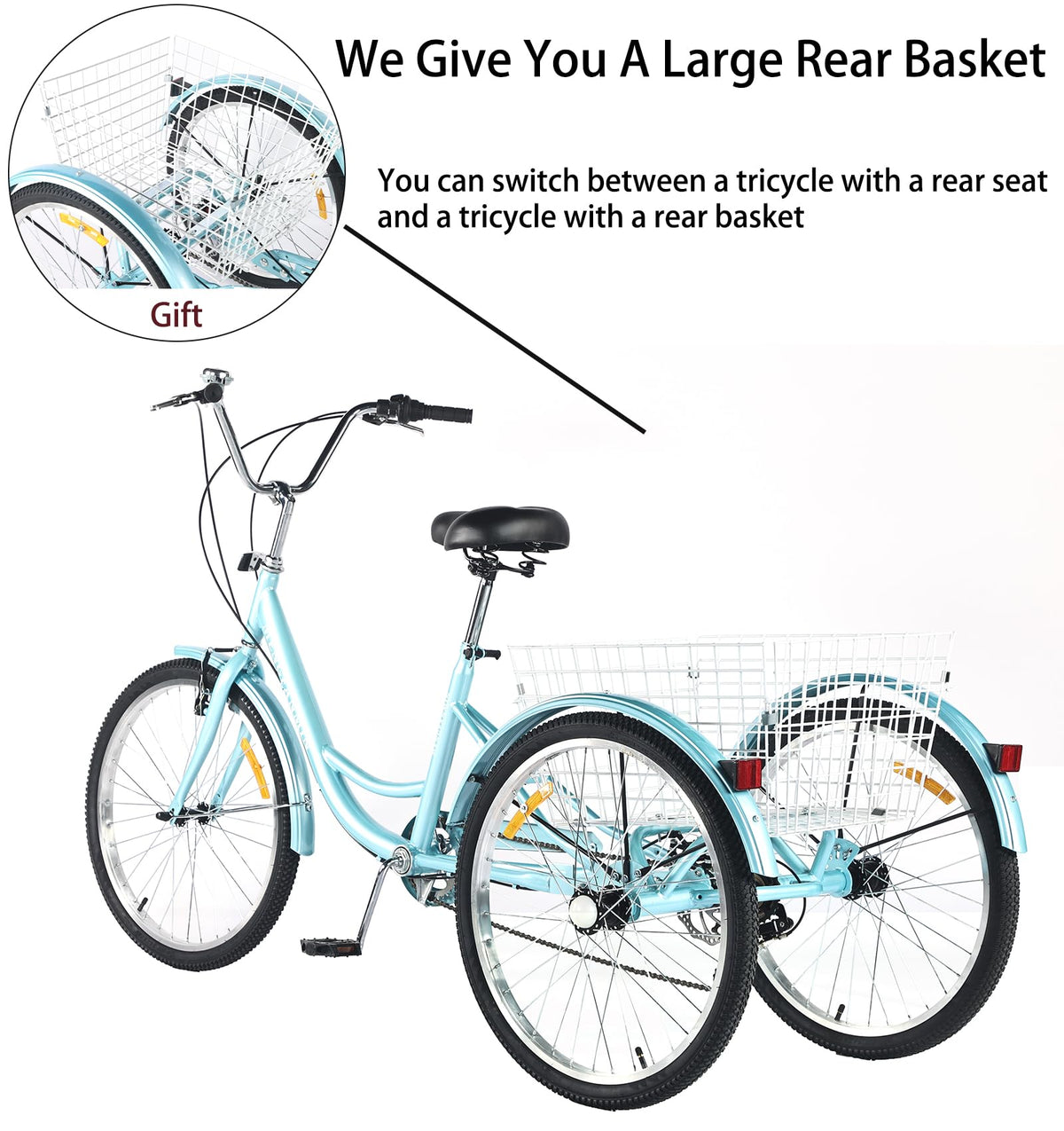 7 Speed Adult Tricycle with Child Seat and Rear Baskets U6788