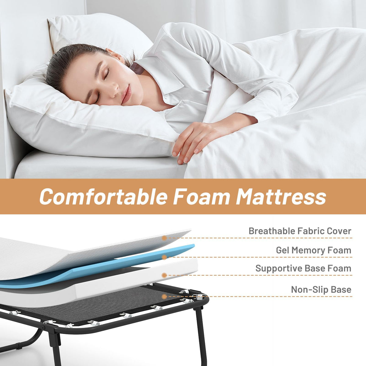 Folding Bed with Mattress Cot Size 75” x 31” Memory Foam Metal Frame Y416