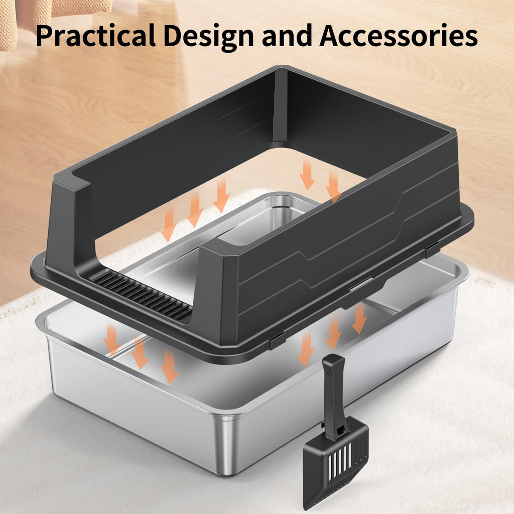XXXL Stainless Steel Cat Litter Box with High Sides and Scoop J4639