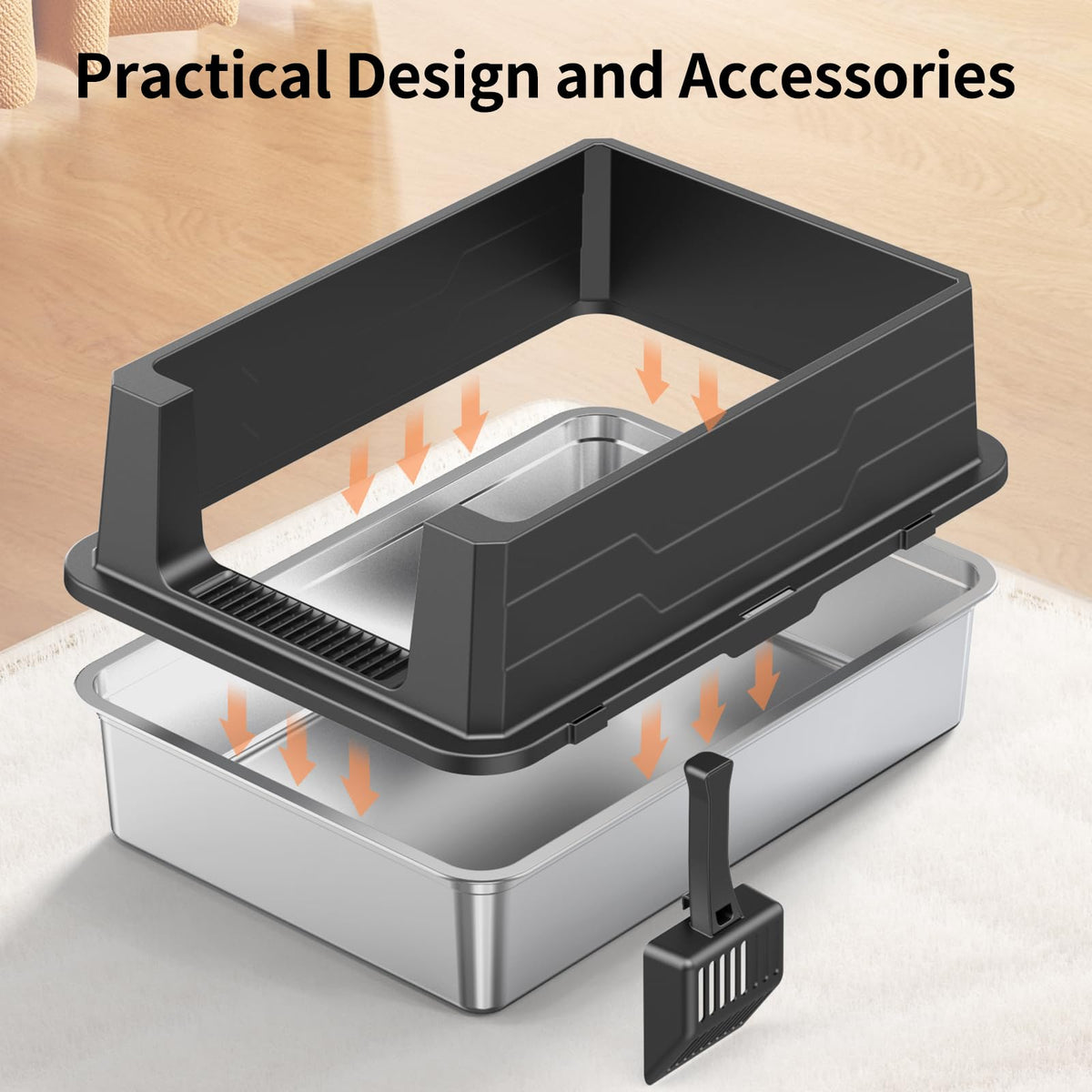 XXXL Stainless Steel Cat Litter Box with High Sides and Scoop J4639
