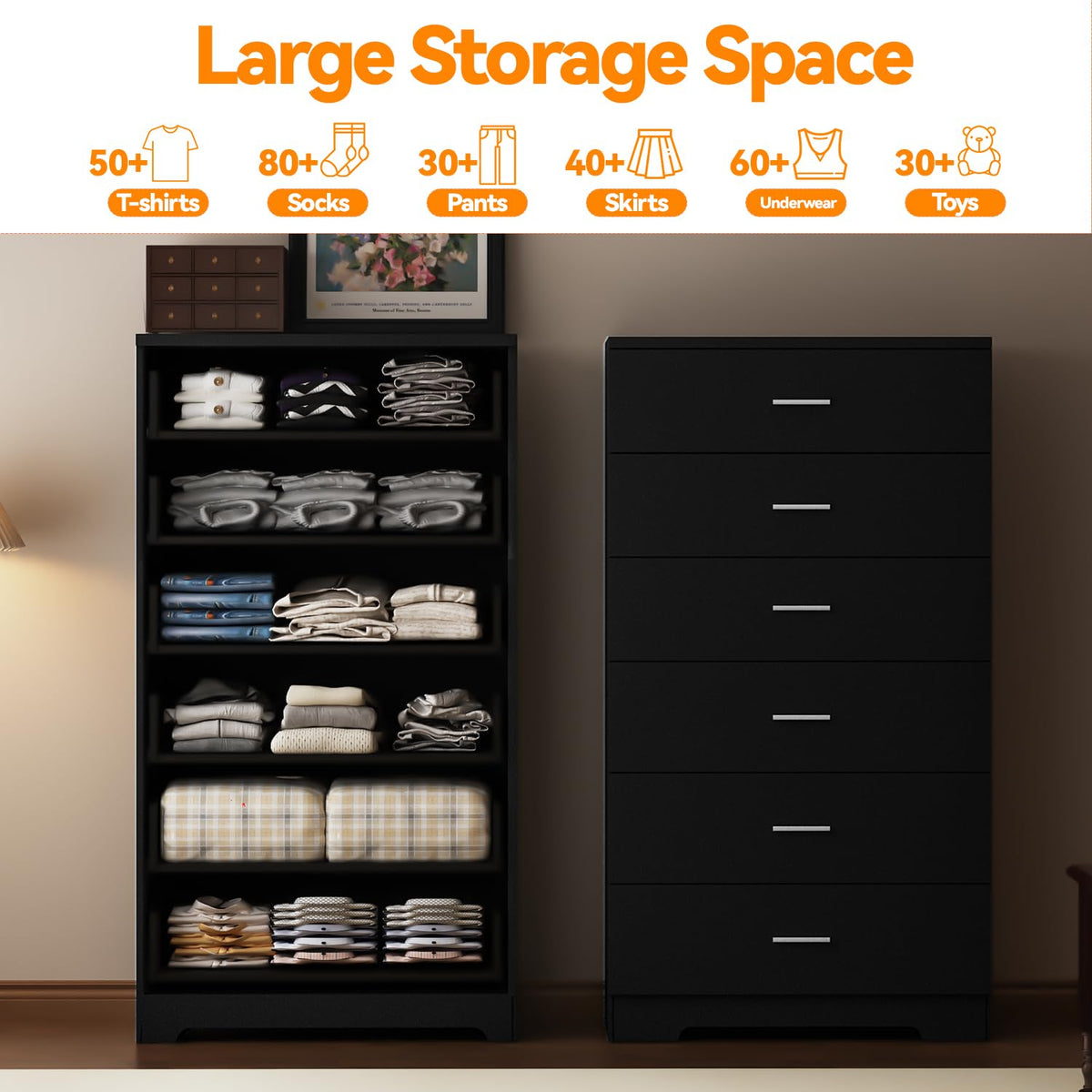 Black 6 Drawer Wood Dresser with Power Outlets O849