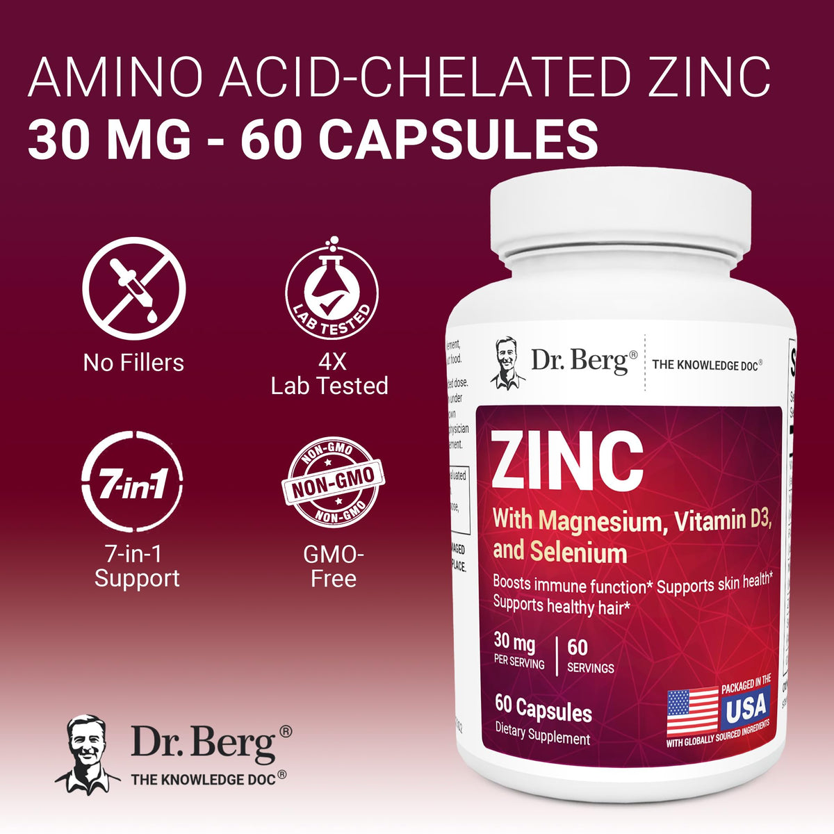Zinc 30 mg 60 Capsules Chelated with Vitamin D & Selenium H911518