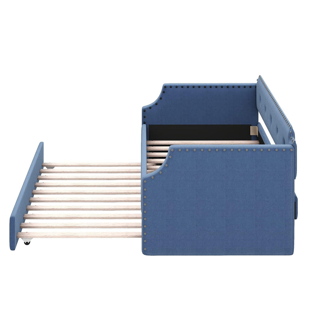 Blue Linen Fabric Upholstered Twin Daybed with Trundle M3889