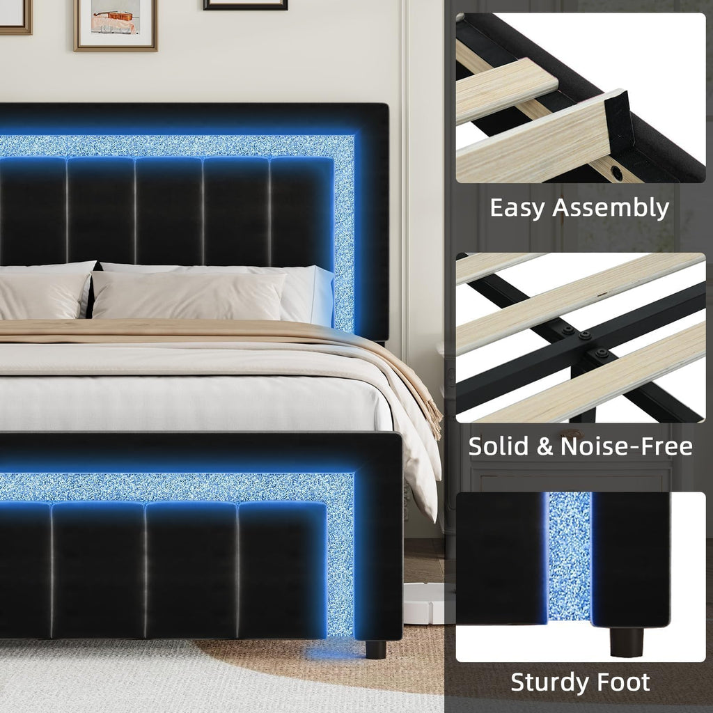 Full Size Velvet Upholstered Bed Frame with LED Lights J936