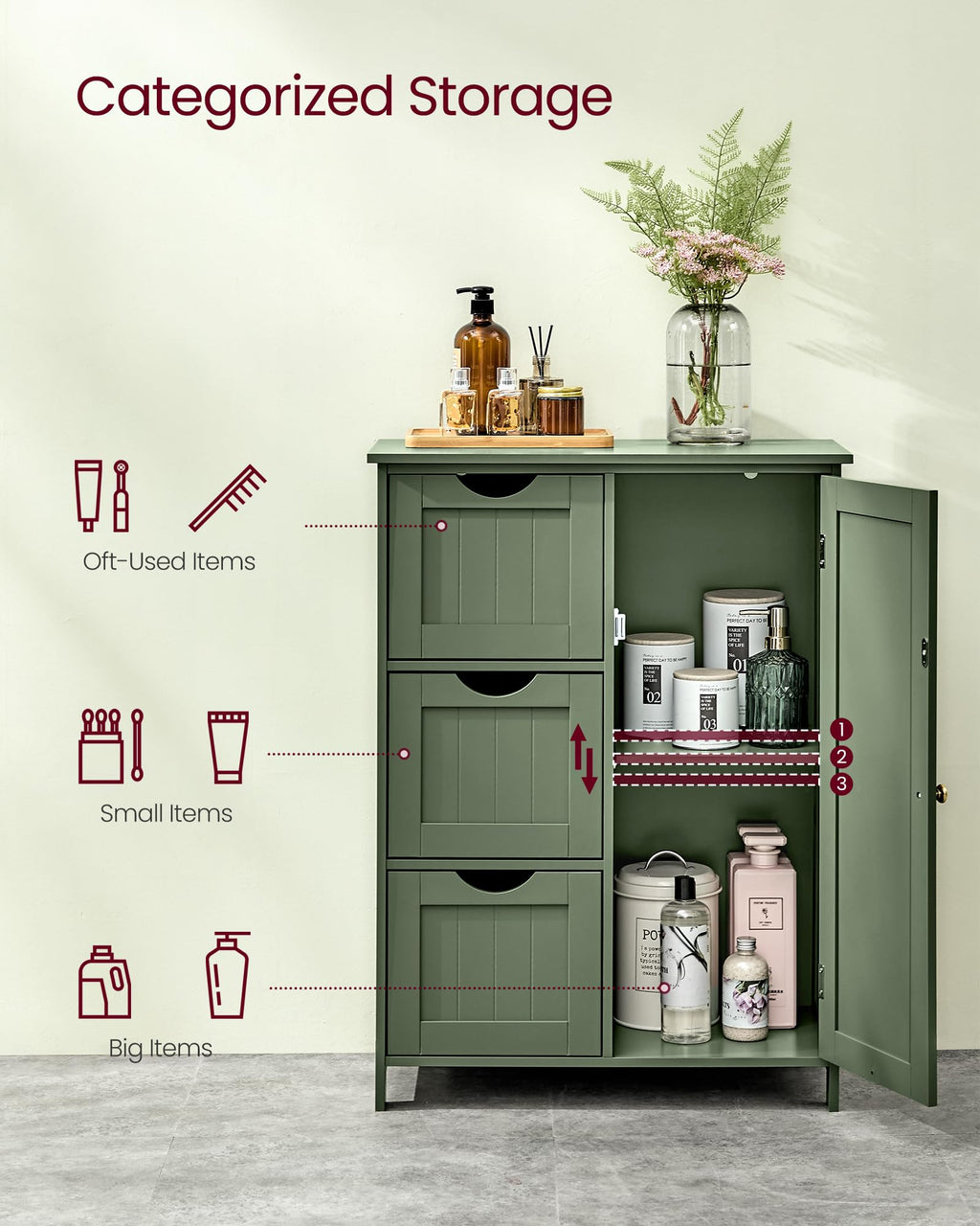 Forest Green 3 Drawer Bathroom Floor Storage Cabinet W9221