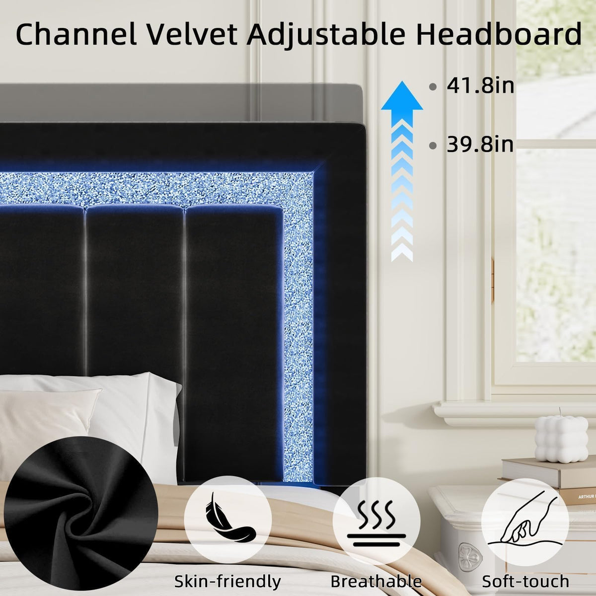 Full Size Velvet Upholstered Bed Frame with LED Lights J936