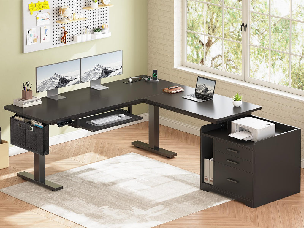 L Shaped Standing Desk with File Cabinet E1825