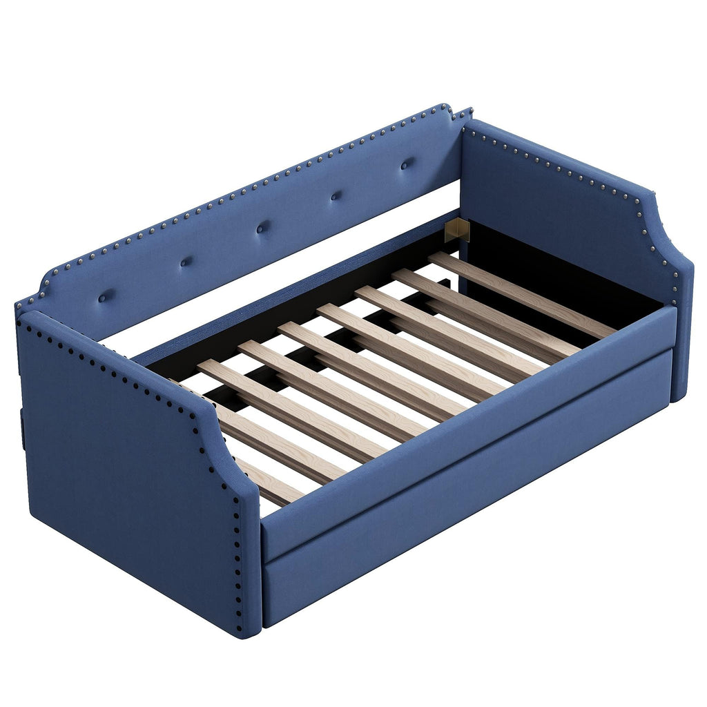 Blue Linen Fabric Upholstered Twin Daybed with Trundle M3889