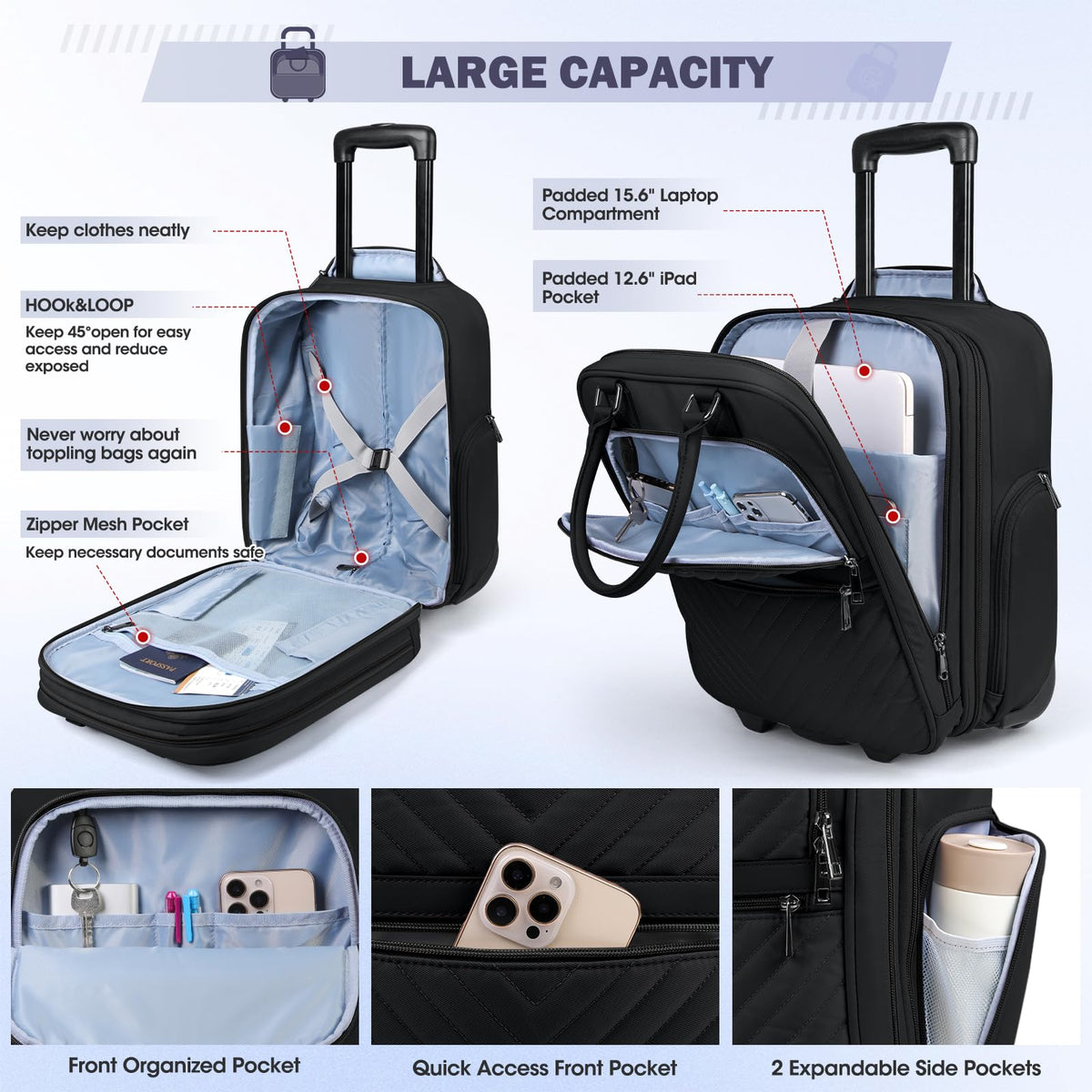 16-inch Lightweight Softside Underseat Carry On Luggage with Wheels Black L354